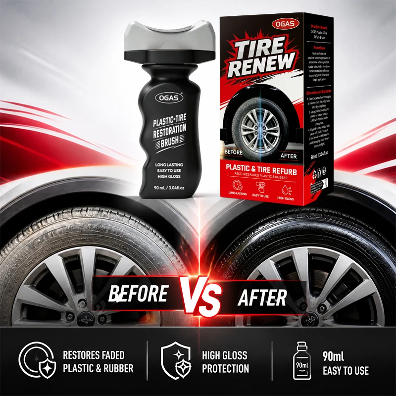 OGAS Tire Renew Plastic Restorer 90ml, Car Plastic & Rubber Refurbishing Brush with Built-in Applicator, Restores Faded Tires