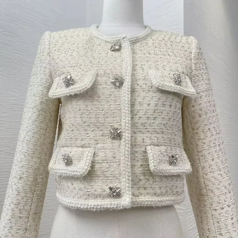 Conjunto de chaqueta blanca para mujer, Tops y pantalones cortos, manga larga, botones, bolsillo, Patchwork, otoño e invierno, 2024