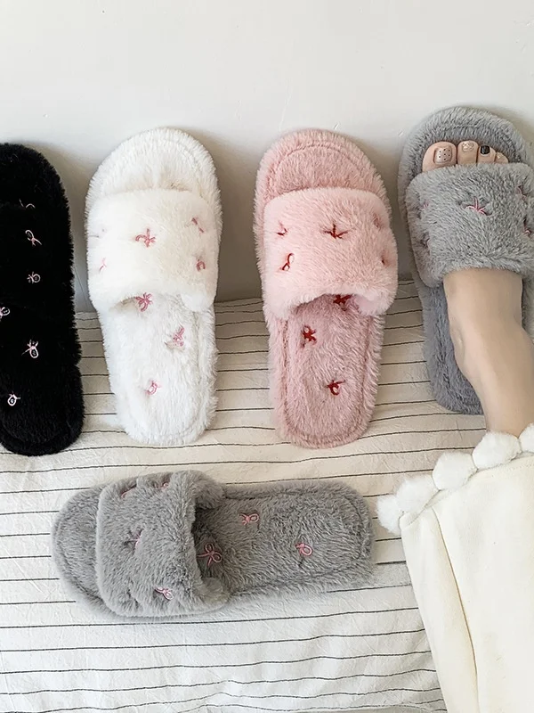 

Autumn Winter Home Indoor Soft Bot Fur Slippers Women's Faion Knot Embroidered Cotton Slippers Comfortable Sli...