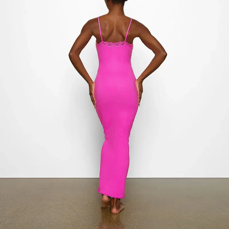 Un nuevo vestido largo ajustado de tiras sin espalda de encaje informal de color sólido de verano para mujer