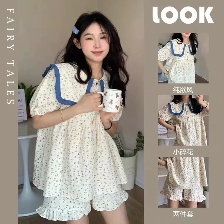 Woman Summer Pajama Set Lady Lace Trim Short Sleeve Shorts Girl Plus-Size Loose Homewear Students Wear Outside Women Home Clothe