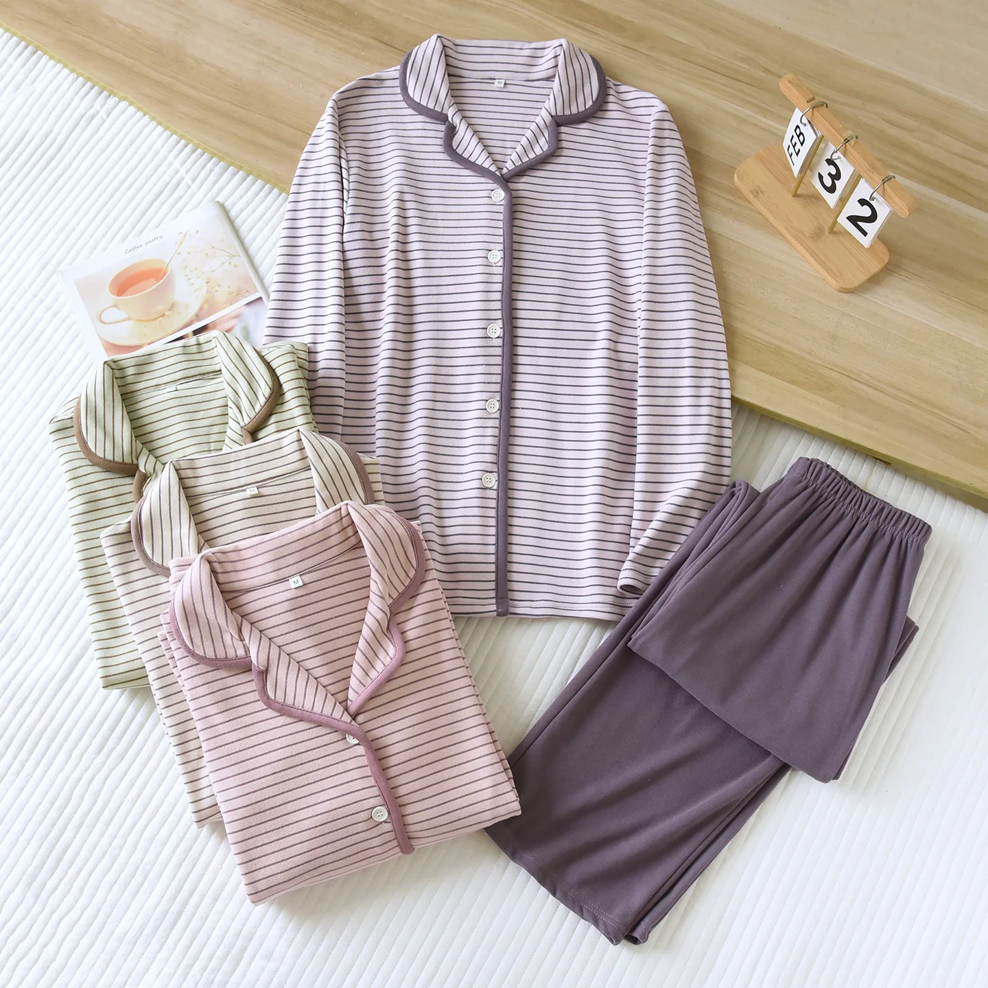 

Winter Flannel warm Pajamas for Women, Fleece-Lined Thermal Sleepwear Set with Notched Collar, Cozy Striped Loungewear