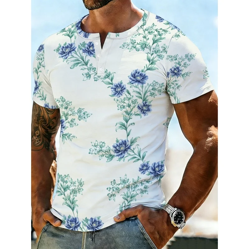 

Flower Pattern Grandpa Shirt For Men Colorful 3D Printed T-Shirts Summer Street Tops Short Sleeve Tees Stand Collar Polo Shirts