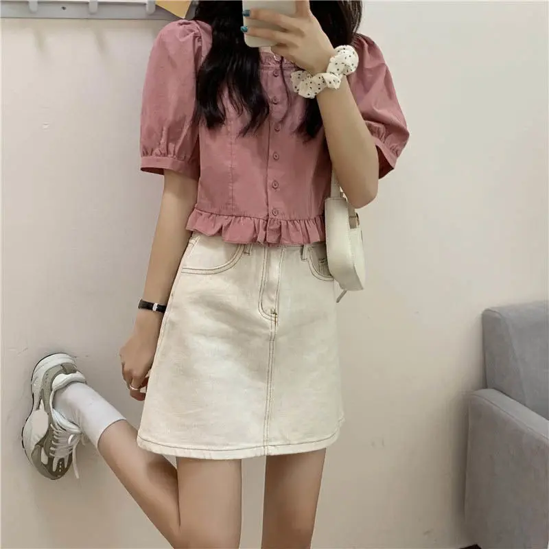 

Puff Sleeve Kawaii Girl Cropped Blouse Summer Button Up Short Ruffled Croptop Shirt for Women Clothing Cute Clothes 2023