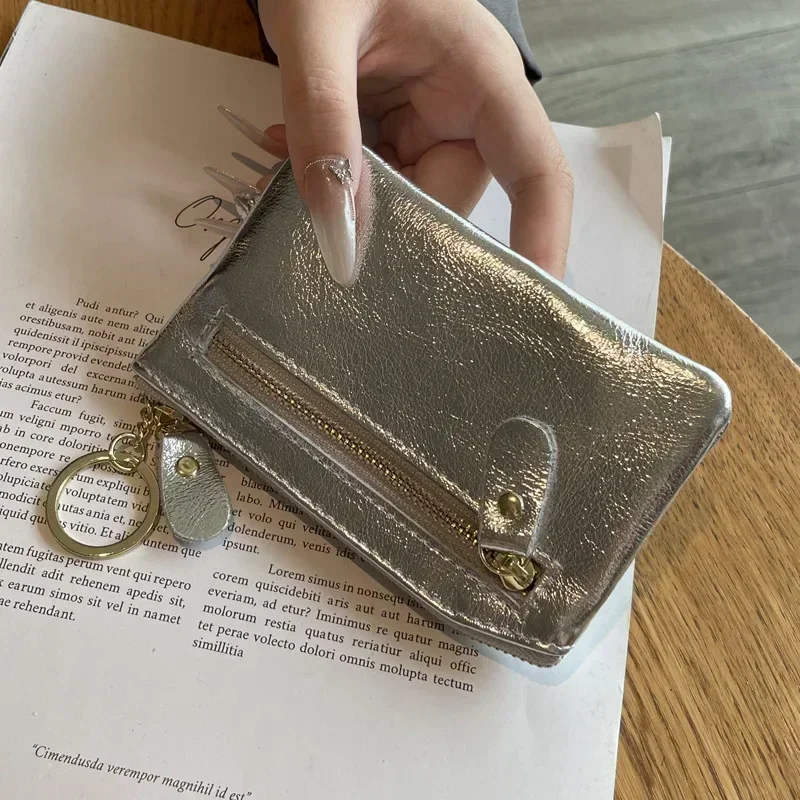 Mini Coin Purse Portable Key Card Holder Coin Bag Pouch with Keychain New Silver Genuine Leather Zipper Cute Wallet for Women