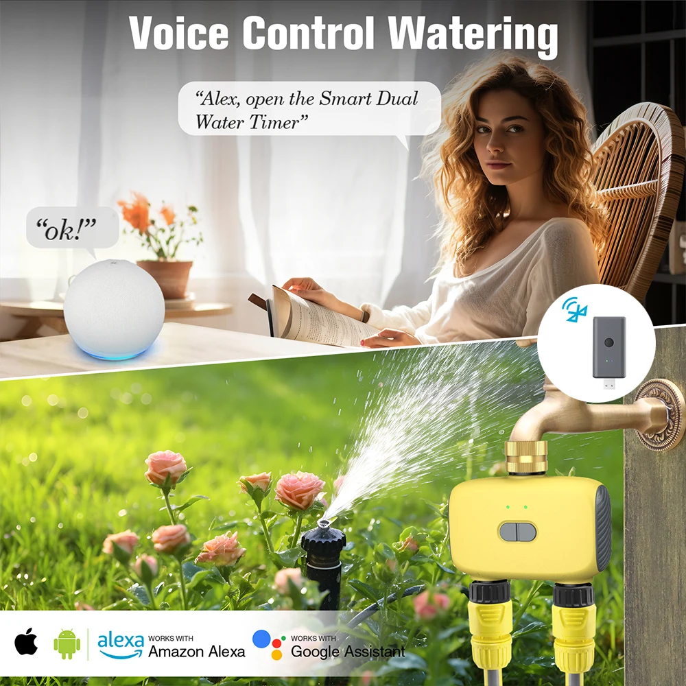 2 Outlets Bluetooth Garden Water Timer IP55 Waterproof Multi-Functional Automatic Irrigation Timer Rain Delay Manual Auto Mode