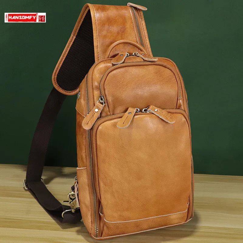 

Genuine Leather Men's Chest Bag Top Layer Cowhide Vintage Single Shoulder Crossbody Bag Soft Leather Large Capacity Packs