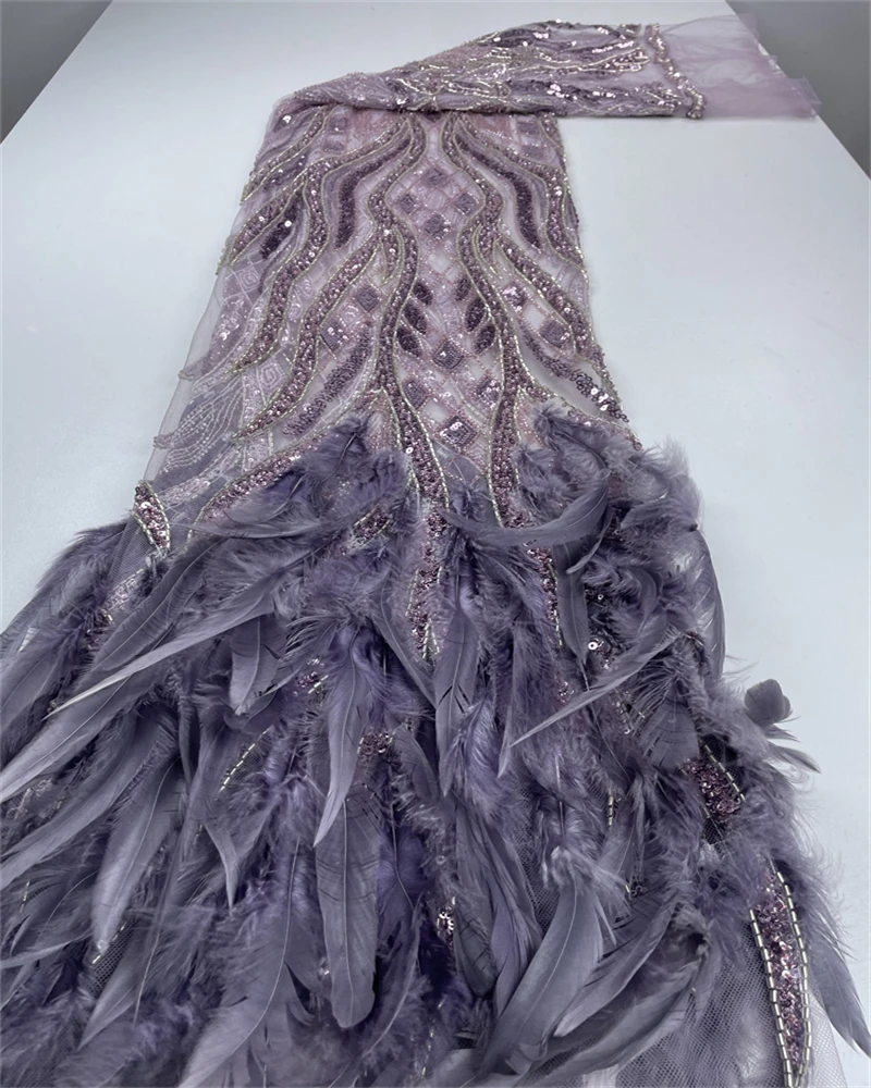 Tecido de renda de penas 3D africano com contas francesas bordadas de alta qualidade e lantejoulas para casamento nigeriano e vestidos de festa