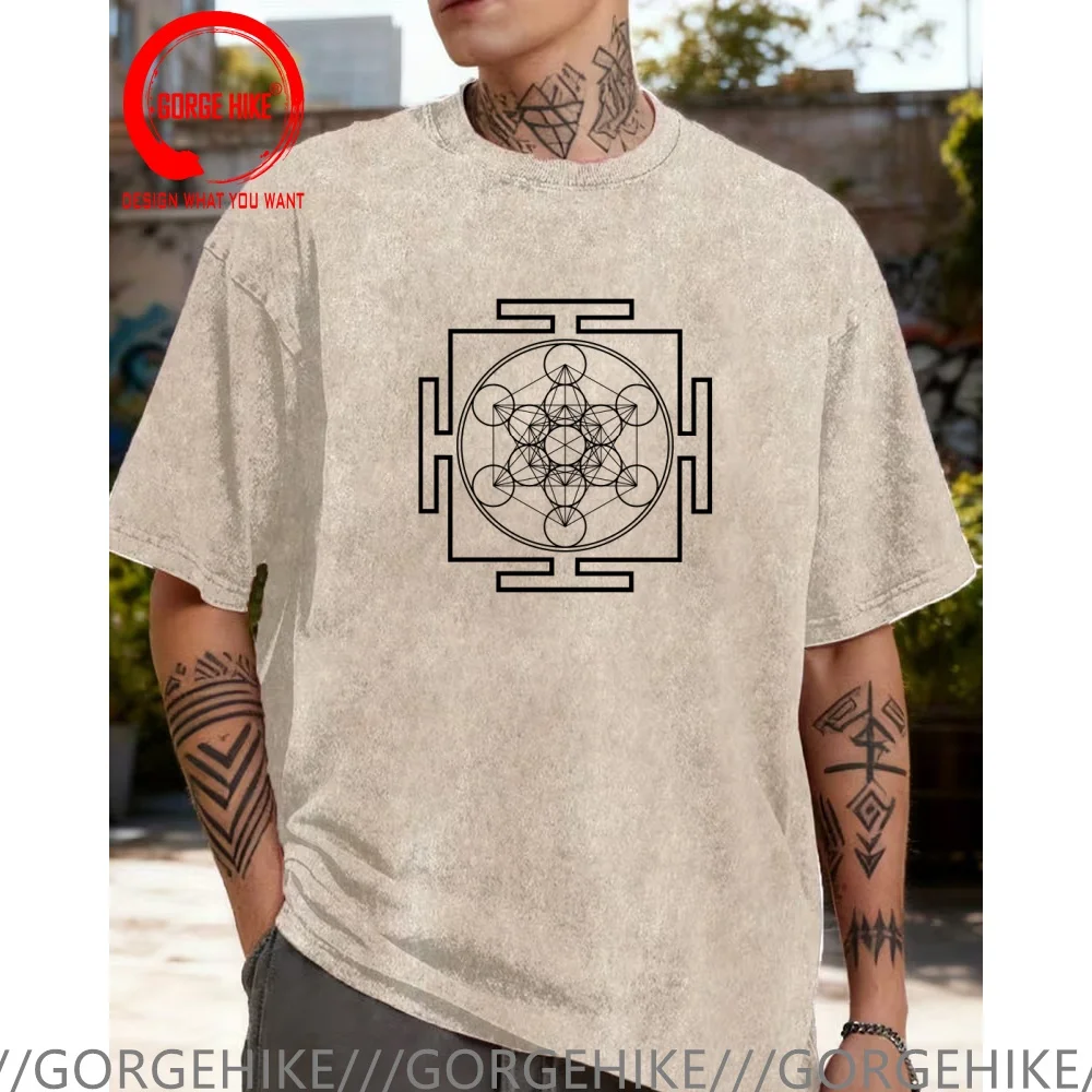 Vintage Washed Cotton T-Shirt Funny Designer Metatrons cube - sacred geometry - flower of life  T Shirt Men Fashion Trendy Casua