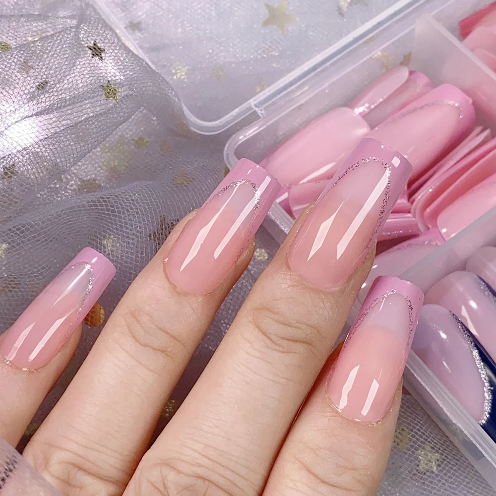 96pcs 4 Colors Acrylic French False Nails Full Cover Glossy Long Ballet Removable Press On Nails DIY Fake Nail Tip For Extension