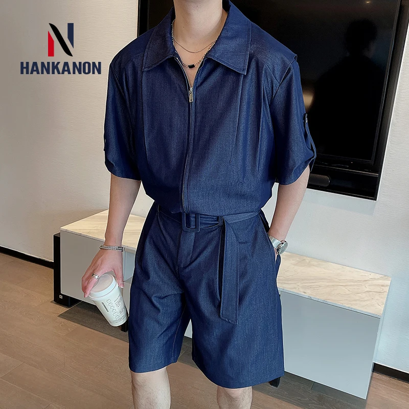 Solid Color Men's Suit, Daily Casual Men's Outdoor Suit (shirt + Shorts) Trendy Men's Clothing.Lightweight Summer Silk Denim