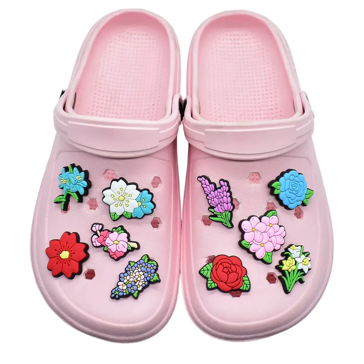 1-18PCS Cartoon Flower Daisy Hydrangea Rose PVC Sandals Shoe Charms Accessories DIY Wristbands Shoe Decoration Kids Party Gift