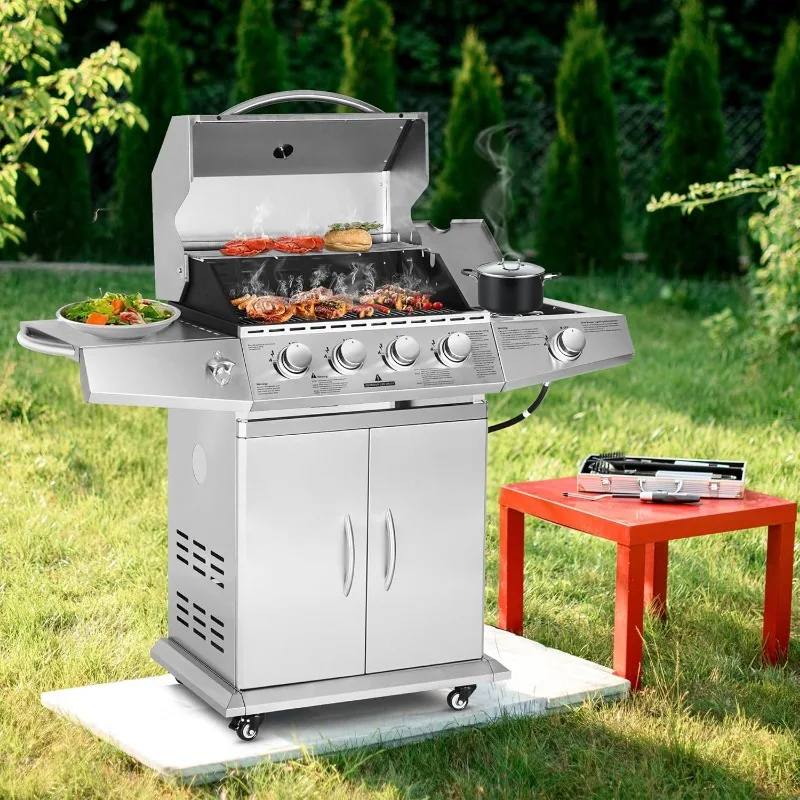 Gas Grill 4 Burners with Side Burner, Stainless Steel Grill Cart with Wheels for Outdoor Patio Garden Backyard Cooking bbq Grill