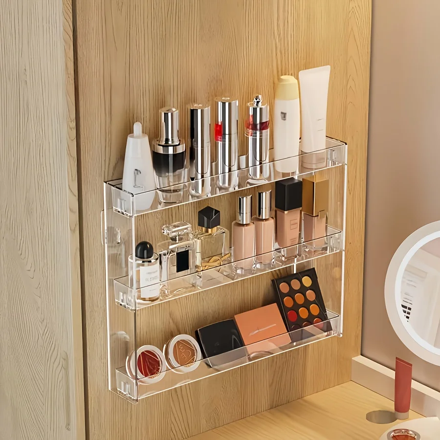 2Pcs Wall Mount 3-Tier Transparent Cosmetic Organizer,Adhesive Shelf,Bathroom Bedroom Nail Polish Storage Rack,Smooth Surface