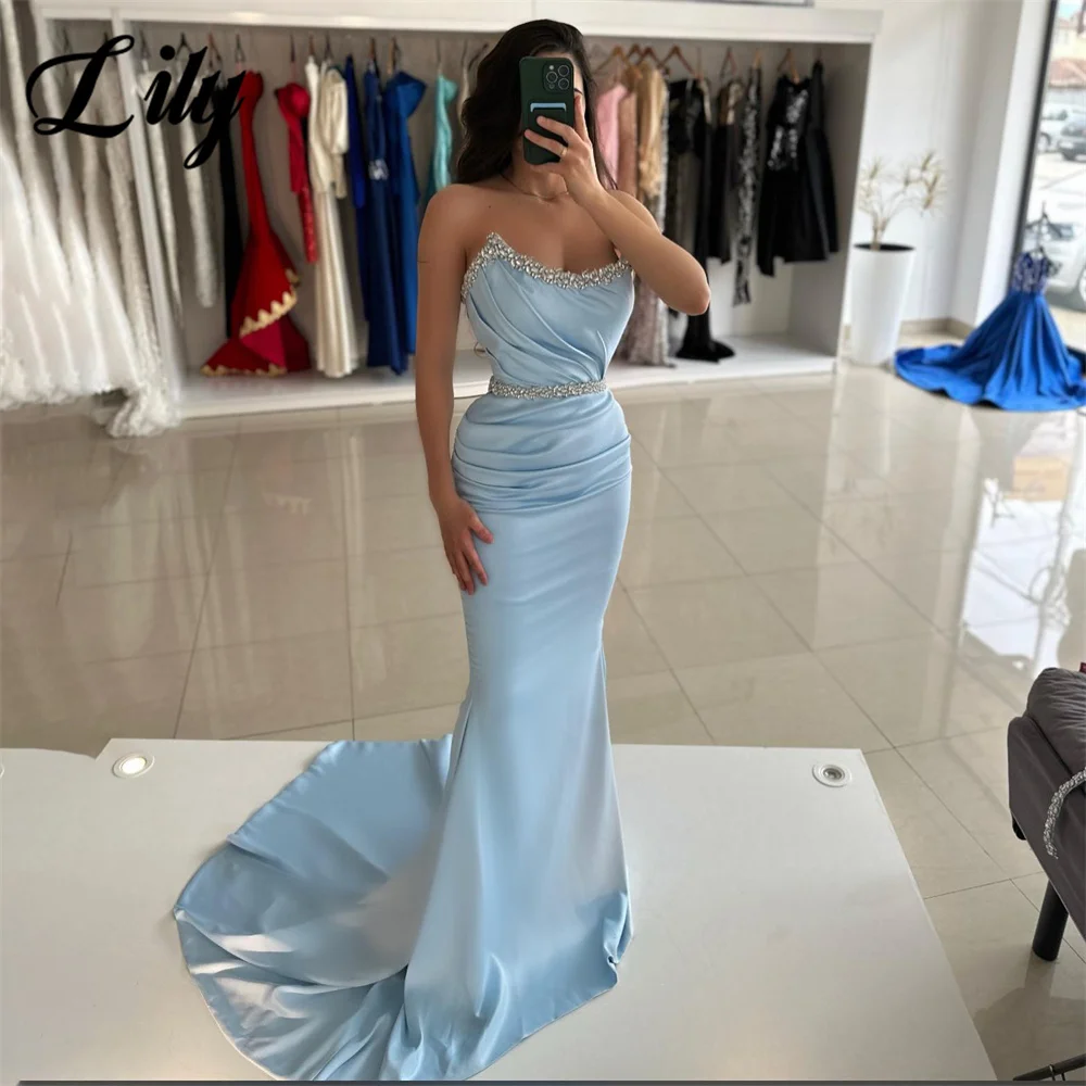 Lily Sky Blue Party Dresses O-Neck Trumpet Night Dresses with Pleats Stain Sleeveless Celebrity Dresses فساتين مناسبة رسمية