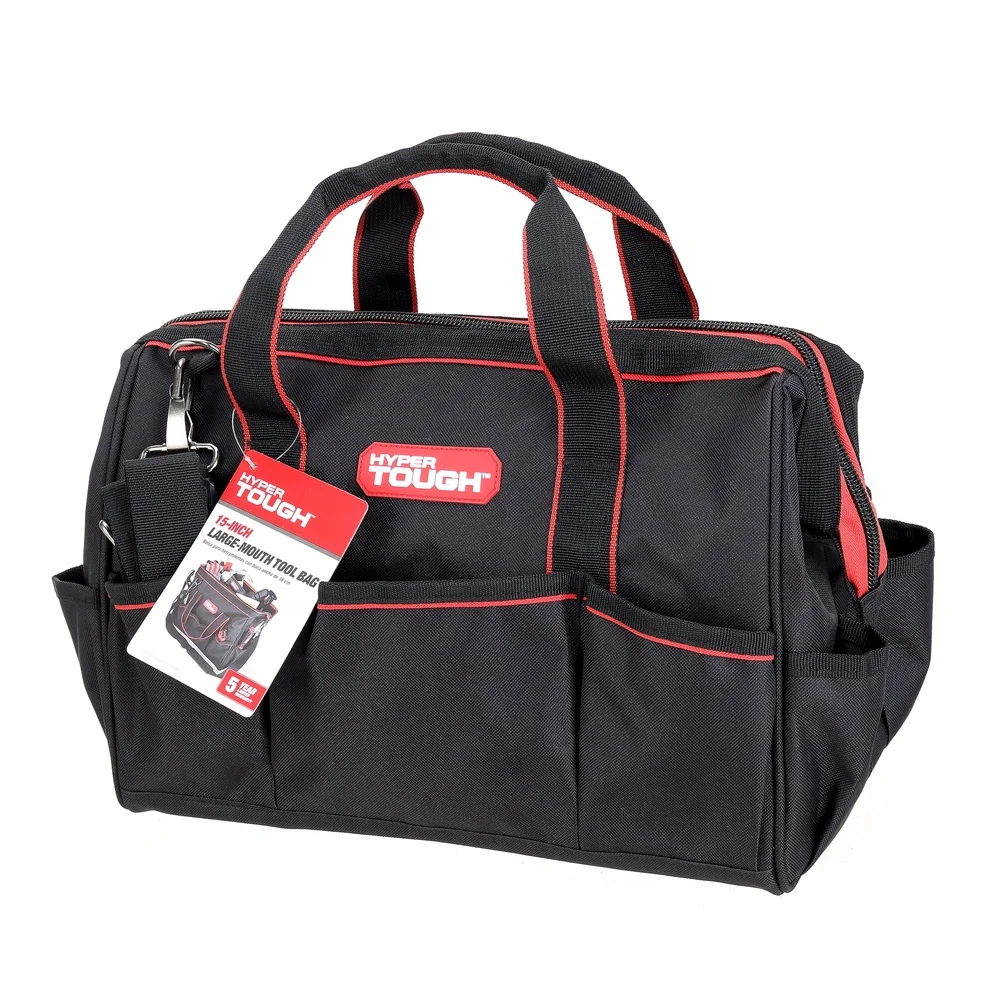 15인치 대형 입구 공구 가방 (내부 포켓 8개 포함) 내구성 있는 공구 캐리어, 조절 가능한 스트랩, 가정용 차고 작업 현장 수리용