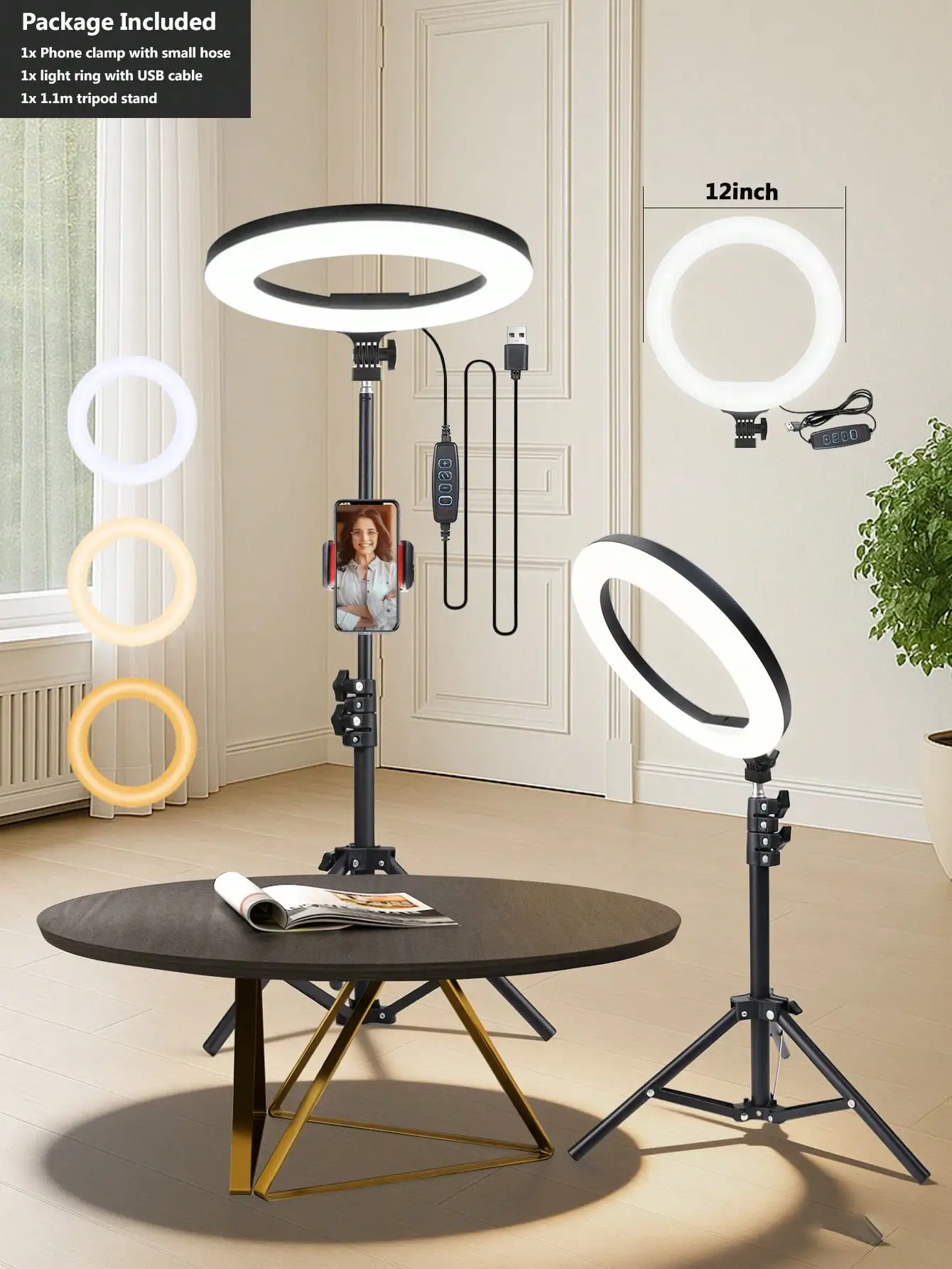 

12 Inch LED Ring Light with 110cm Telescopic Tripod Stand 3 Color Modes Dimmable USB Powered Fill Light for Makeup Live Streaming Vlog Zoom Meeting Portrait Photography Selfie Shooting