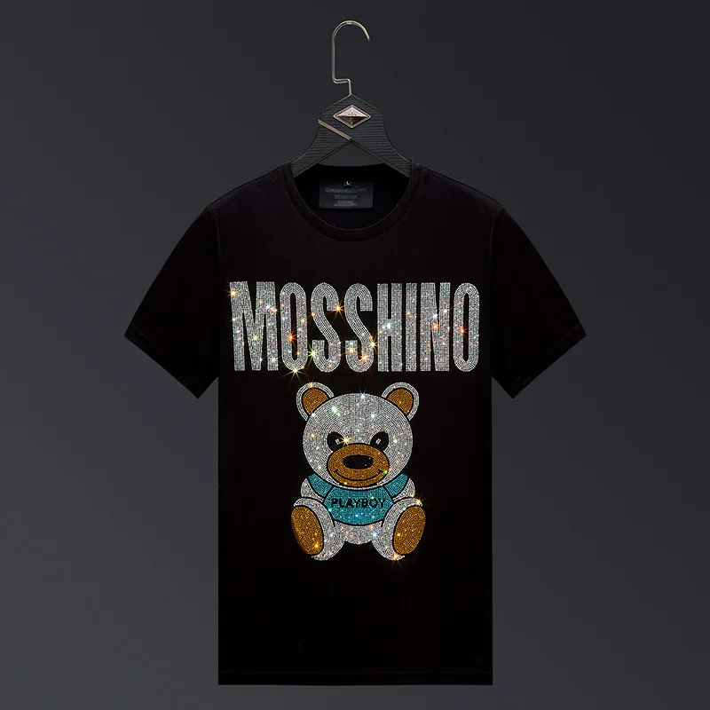 

Плюс размер 2025, футболки с милым медведем и стразами, мужская уличная одежда с круглым вырезом, коротким рукавом, облегающая футболка Homme, мужская модная одежда