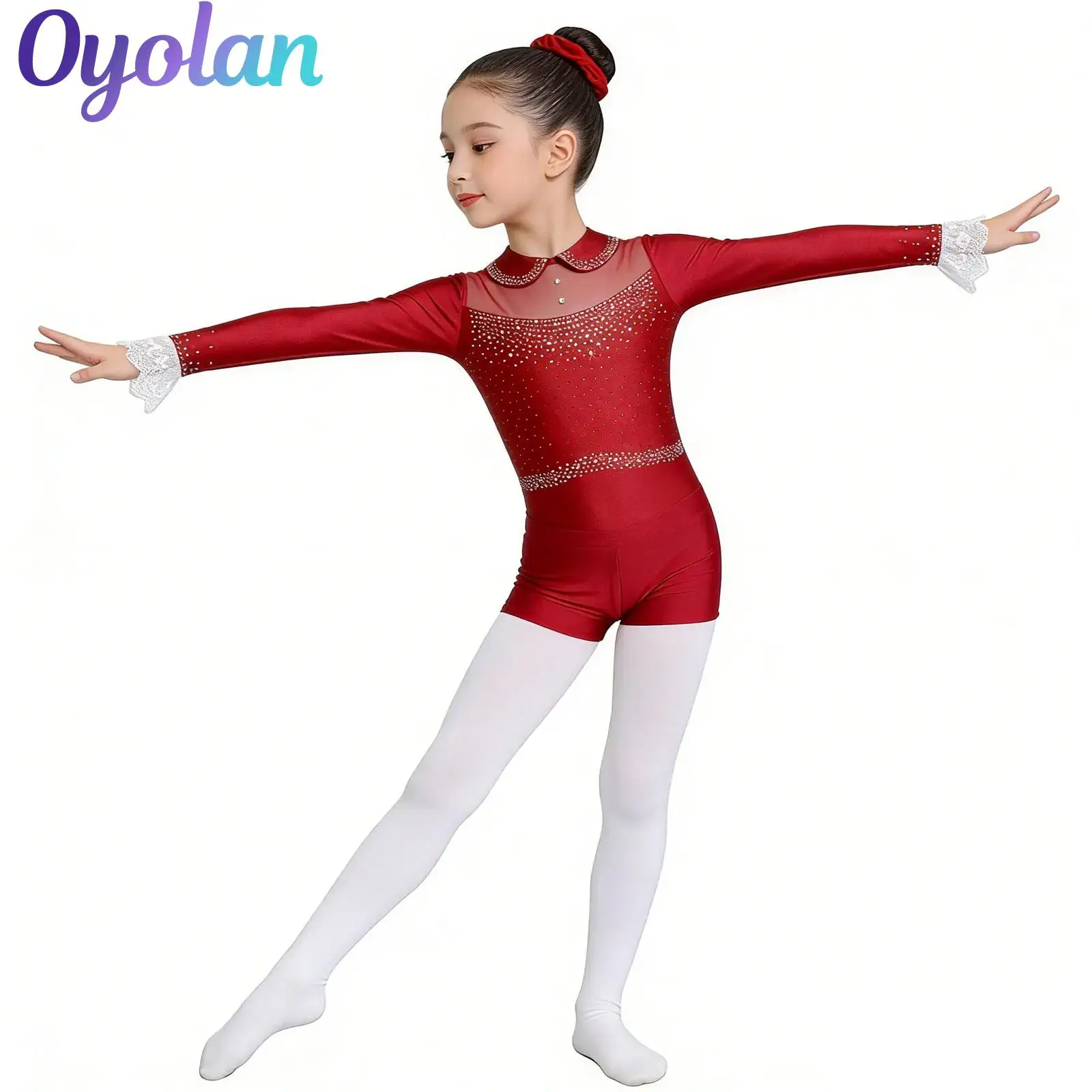 

Детские балетные купальники для девочек с сетчатыми вставками и стразами, с шортами и повязкой на голову, блестящий костюм для гимнастики и фигурного катания с блестящими стразами