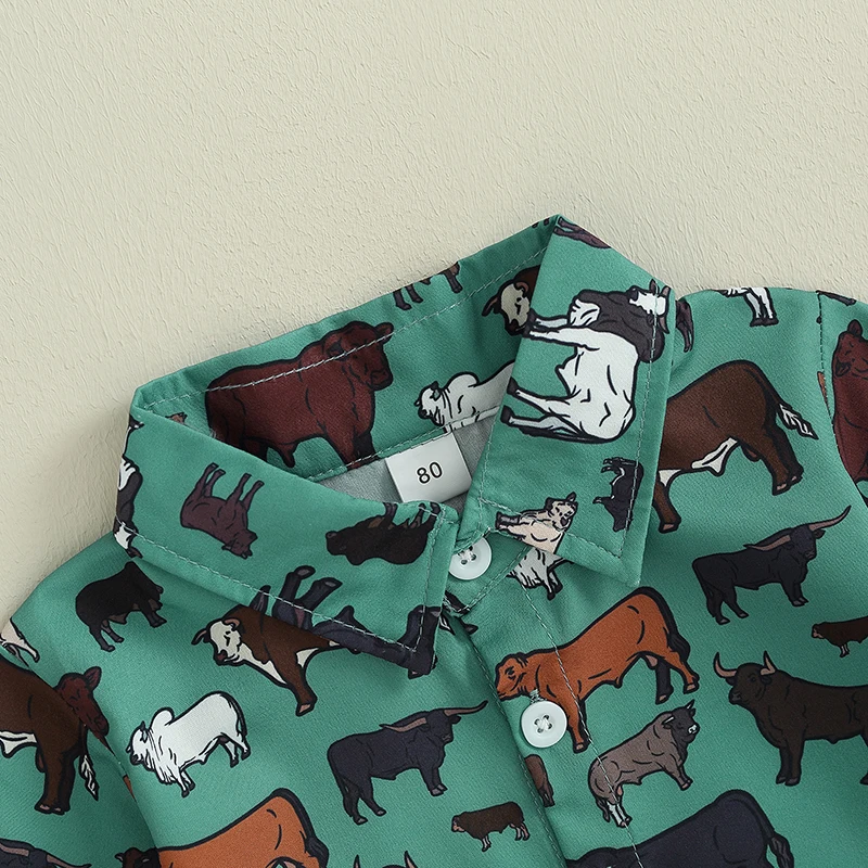 2023-07-19 Lioraitiin 6M-4T Baby Boy Clothes Western Cow Print Shirt Long Sleeve Country Dress Shirt Tops Toddler Outfit