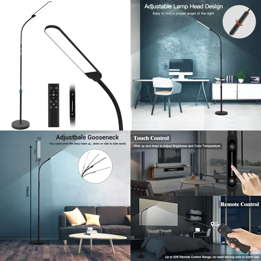 Led Floor Lamp, Modern Reading Adjustable Standing Height 4 Colors and Stepless Brightness Work Lamp for Living Room Bedroom Re