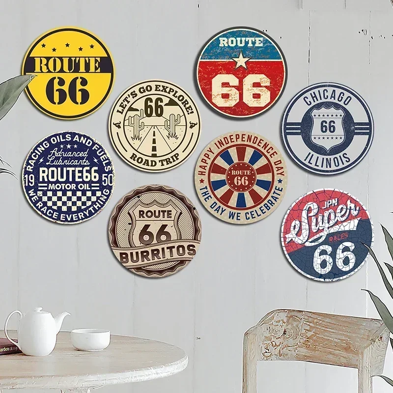 Vintage US Route 66 Round Metal Tin Posters Signs Wall Decor Motorcycle Hot Rod Riders Garage Car Club Home