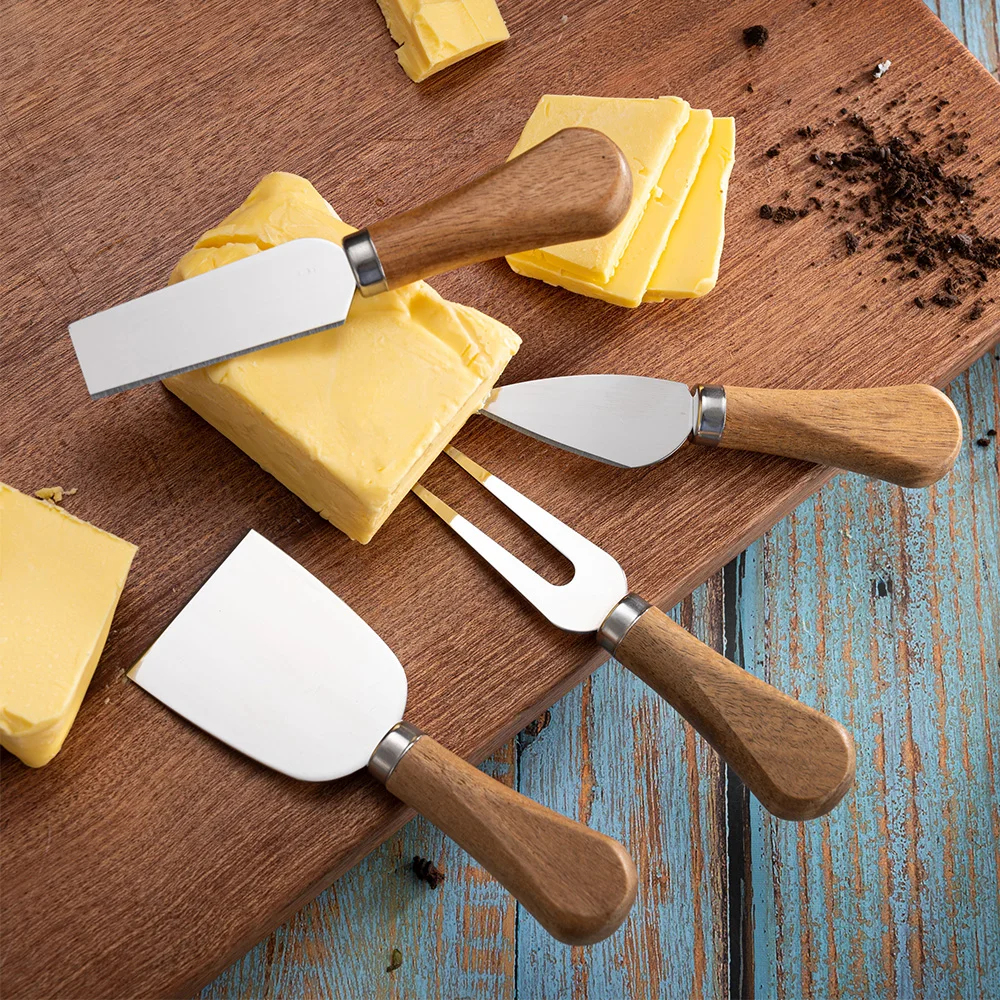 

4Pcs/ Set Cheese Knives,Stainless Steel Cheese Butter Slicer With Wooden Handles,Butter Knife,Fork Kitchen Gadgets