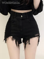 WOMENGAGA 2021 Neue Koreanische Hohe Taille Dünne Zeichnung Loch Quaste Einfarbig Denim Shorts Trend Frauen Hot Sexy Schwarz Shorts n9O3