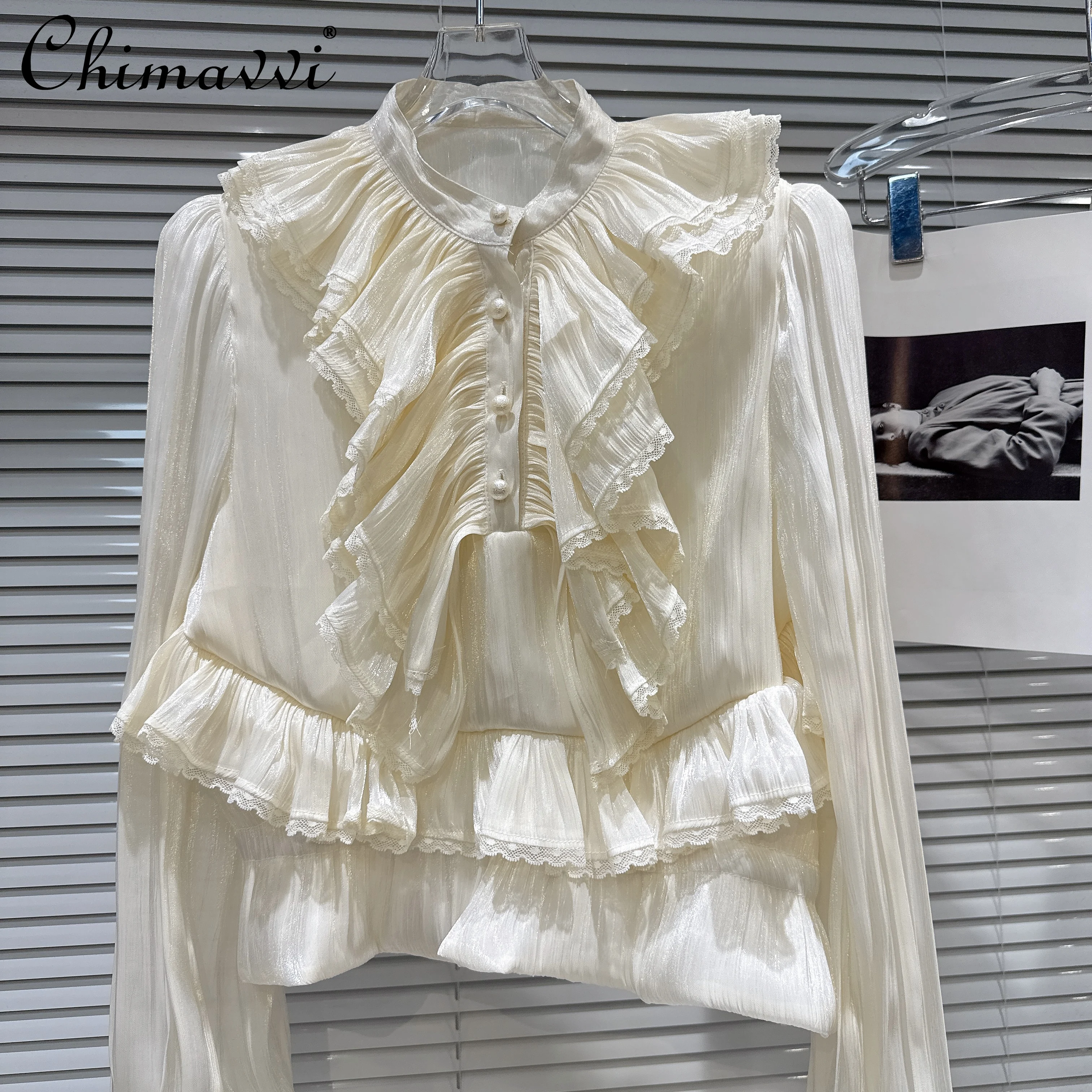 

Осень 2023, новая модная милая блузка, топы, темпераментная кружевная галстук-бабочка с рюшами, легкая свободная женская рубашка с длинными рукавами