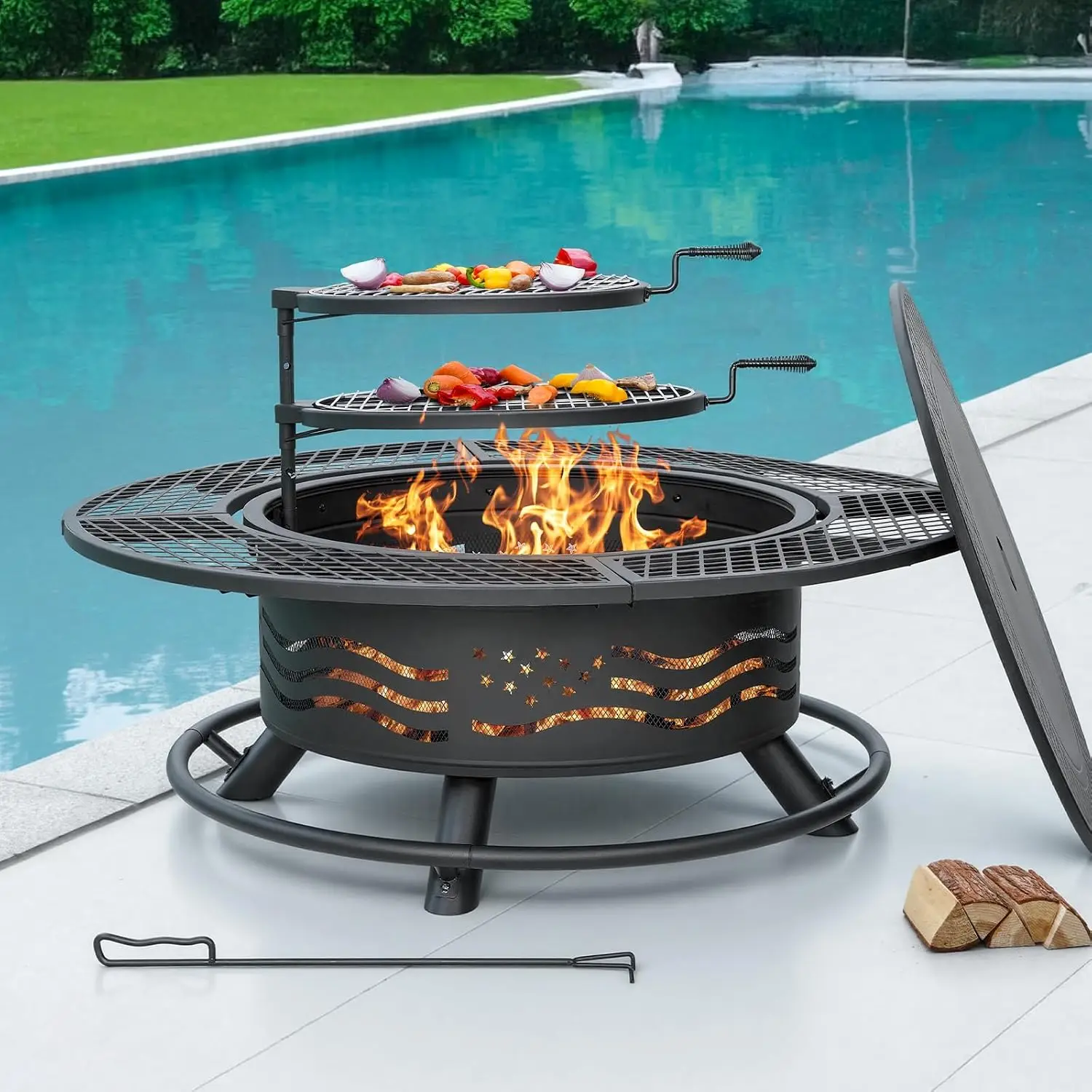 Wood Burning BBQ Grill, 2 Cooking Grates, Steel Round Table, Cover Lid Included, For Backyard Patio Picnics