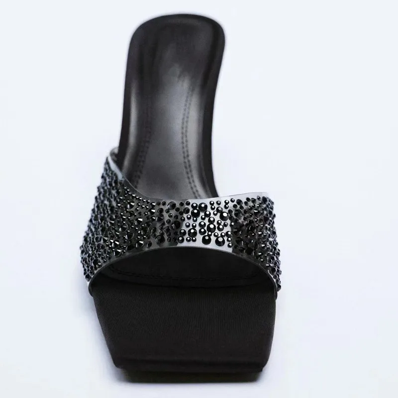 High Heel Slippers Women Summer Black Transparent Heeled Sandals Luxury Rhinestones Sandals Woman Comfort Plus Size Heels