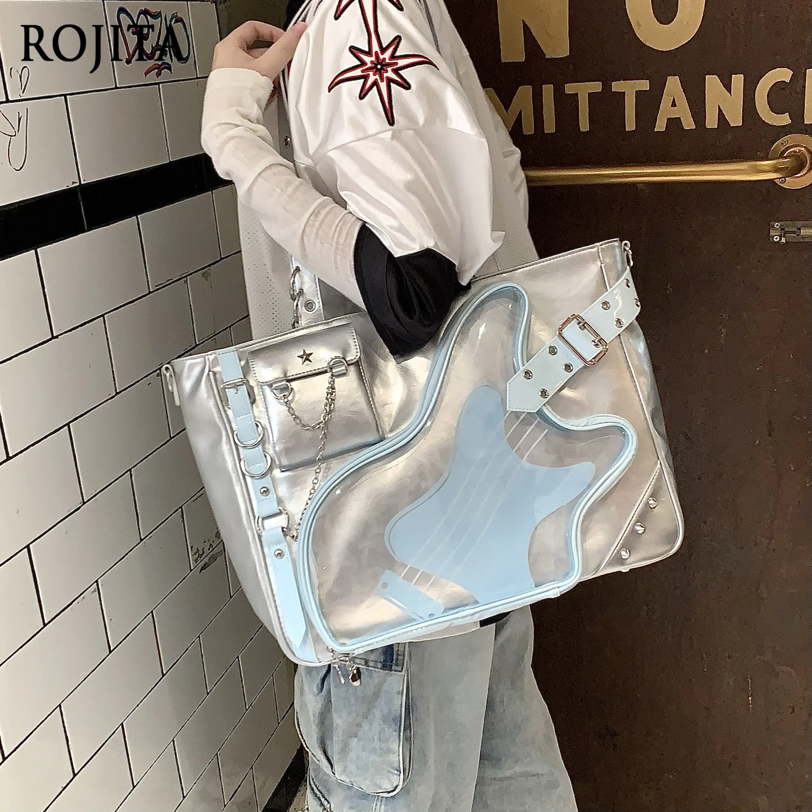 Y2K Punk Rock Guitar Shape Clear Window Ita Bag Large Capacity Tote Handbag Light Blue PU Guitar Cutout PVC Ita Tote Bag