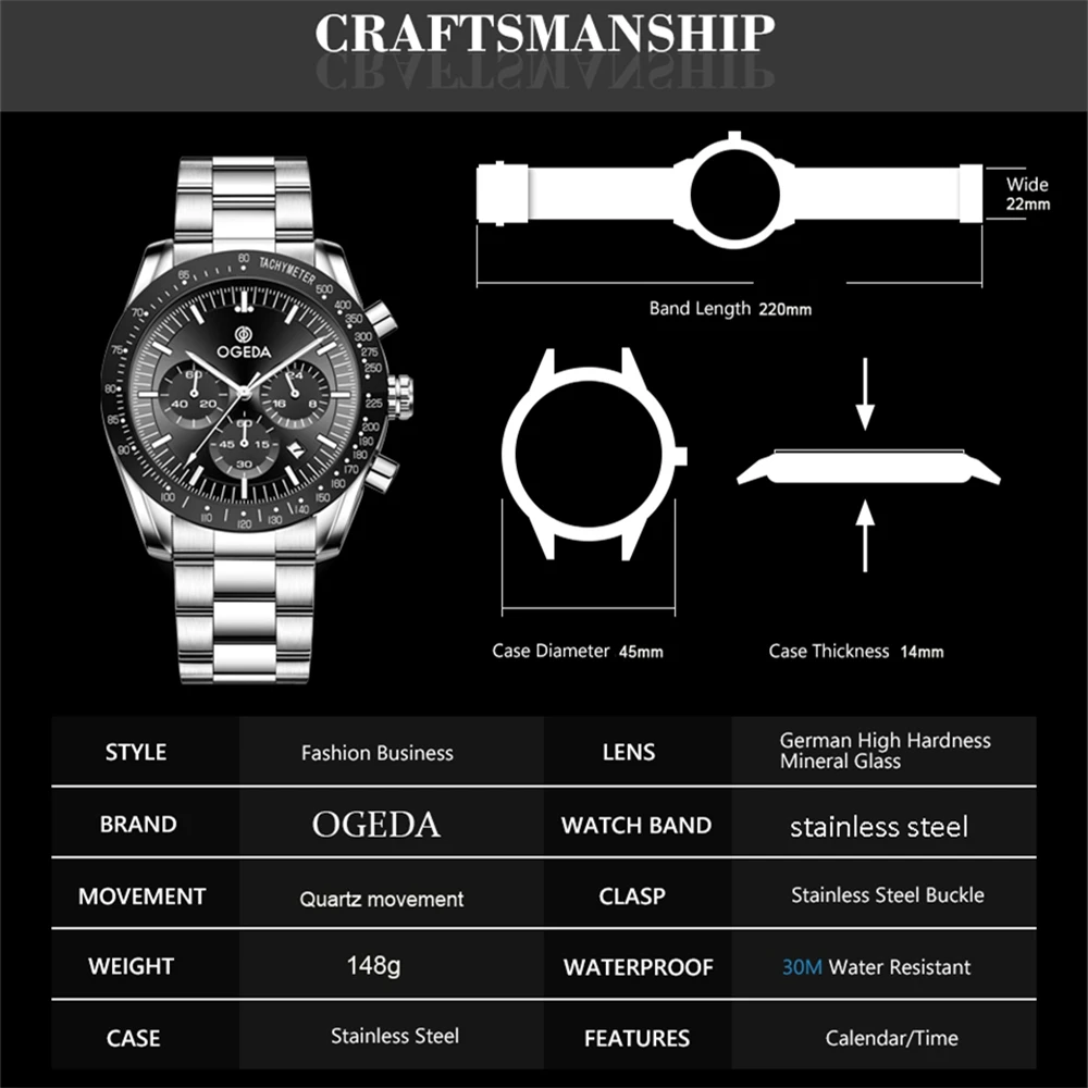 Odeda Design 2024 New 45mm Classic Retro 30m Waterproof Men\'s Quartz Watch Business Sports Watch