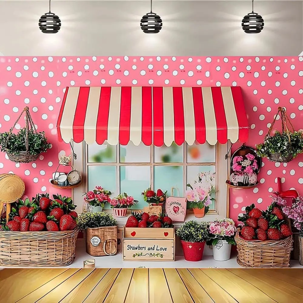 Red Sweet Fruit Farm Market Stall Photography Background Pink Strawberry Backdrop Strawberry Sweet One Girl 1st Birthday Party