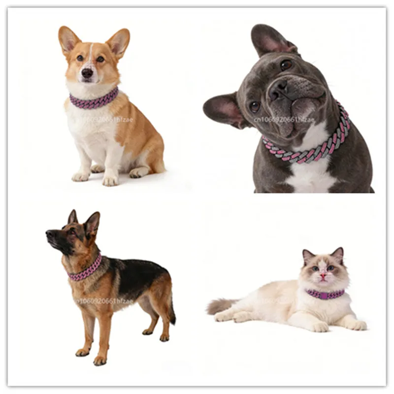 14/15mm Purple Lab Diamond Dog Cuban Chain Collar Secure Buckle Pet Necklace Jewelry Accessories For Small Medium Large Dogs Cat