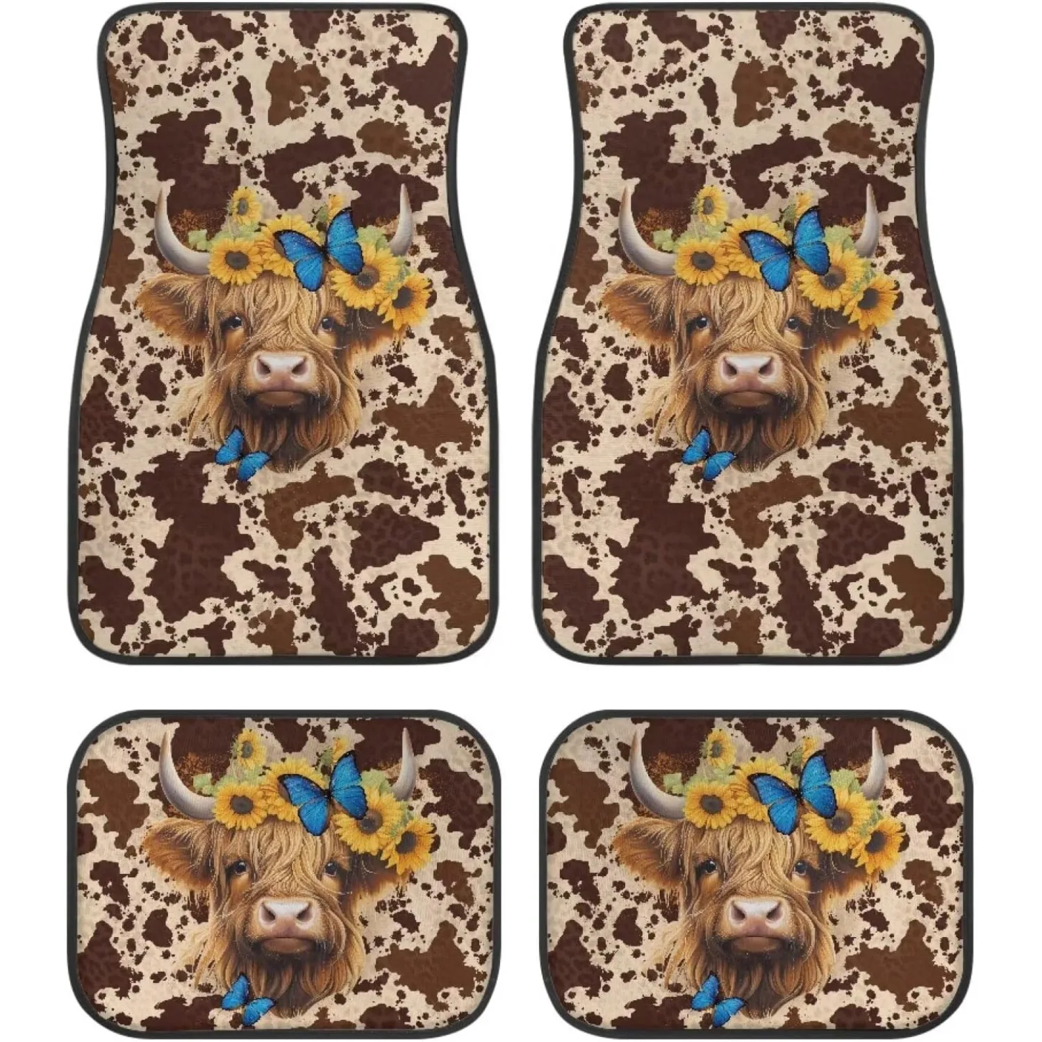 Highland Cow Car Floor Mats For Women Set 4pcs All Weather Full Set Front & Rear Floor Mats Easy To Install Removable Automotive