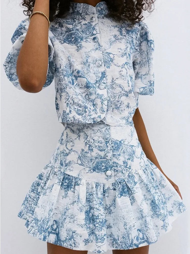 LIinar Chinese-Style Small Stand-Up Collar Printed Fitted Short-Sleeve Skirt Set 2026 Fall Fashion New Two-Piece Set for Women