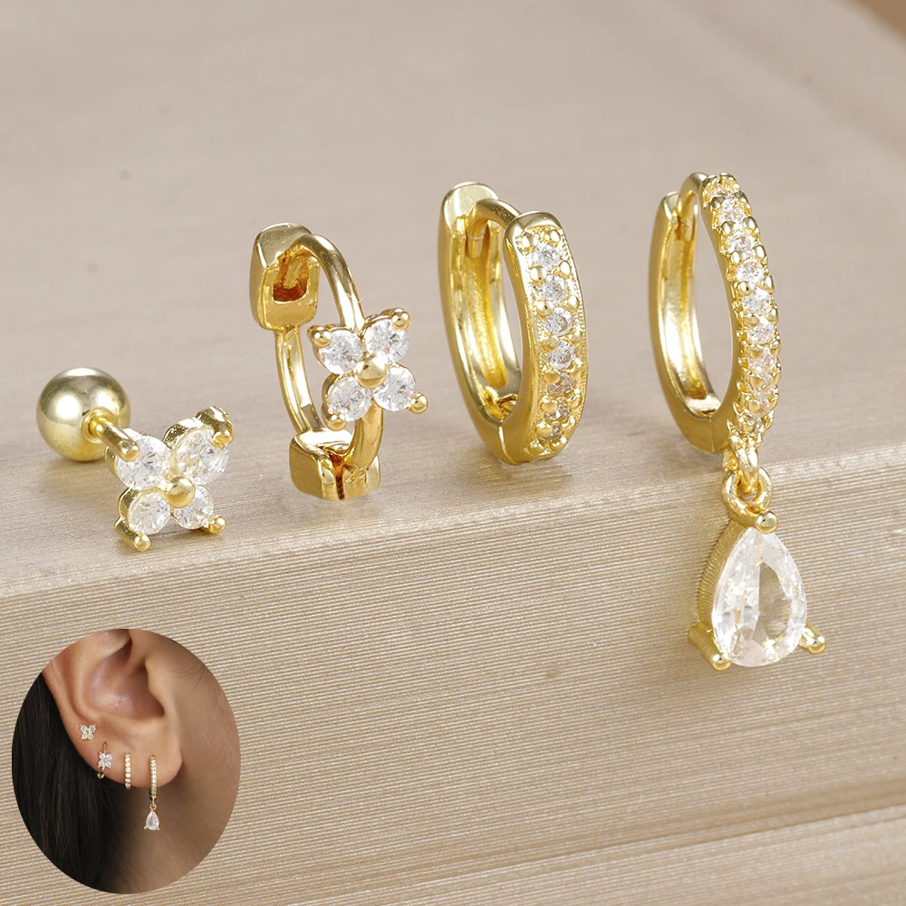 4PCS Trendy Stainless Steel Cubic Zircon Water Drop Hoop Earrings Set for Woman Helix Tragus Cartilage Earring Piercing Jewelry