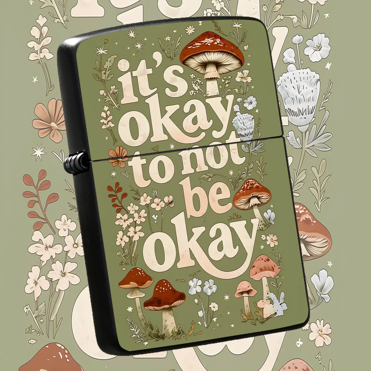 Portable Lighter It'S Okay To Not Be Okay Inspirational Slogan Mushroom Floral Pattern Decor Full-Scene Usable Delicate Casual Pocket Gadget For Daily Carrying Gifting To Friends Family Self Unique Warm Themed Practical A Humorous And Inter