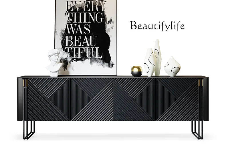 

Italian Bedroom Heightened TV Stand Light Luxury Stone Plate Modern Minimalist Black Living Room Storage Floor Cabinet