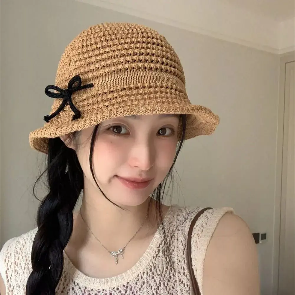 

Hollow Knitted Bucket Hat Casual UV Protection Crochet Bow Fisherman Hat Solid Color Wide Brim Sunshade Hat Summer Straw Hat