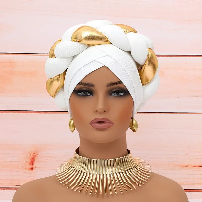 Auto Gele African Headtie Bonnet Hat Turban for Women Muslim Head Wrap Pleated Hijab Aso Oke Nigerian Hijab Chemo Cap Head Scarf