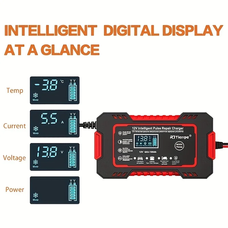 Car Battery Charger 12V 4Ah-100Ah Smart Battery Trickle Charger Suitable for Lead-acid Battery with Temperature Compensation