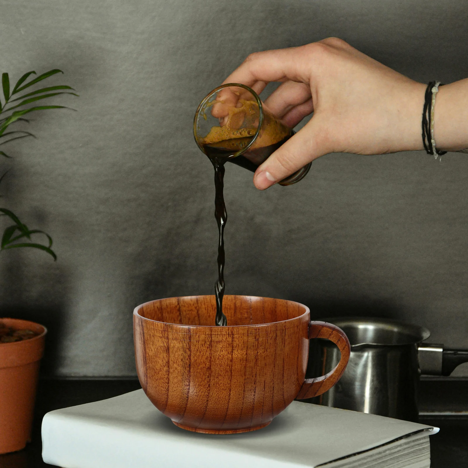 

Small Coffee Cup Tea Mugs Wood Drink Drinking Cups Handheld Office Natural with Handle Cute
