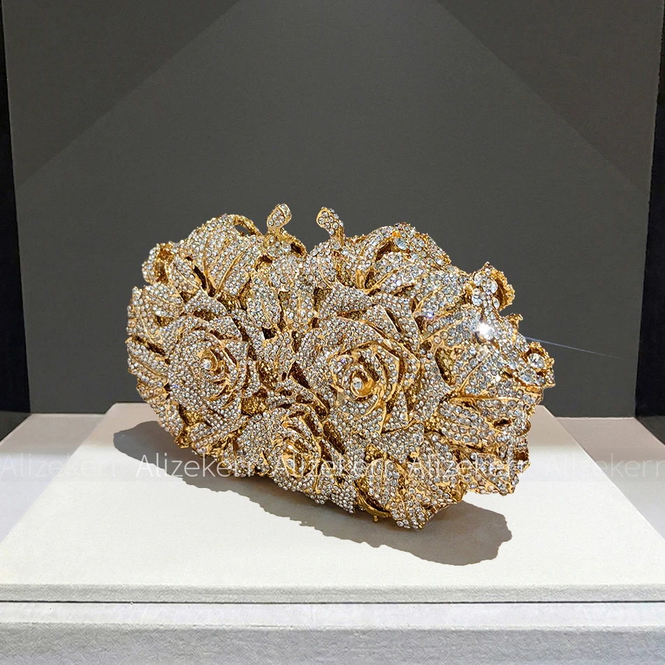 Alizekerr Rose Crystal Evening Clutch Bags Women New Luxury Boutique Sparkling Diamond Flower Purses And Handbags Wedding Party