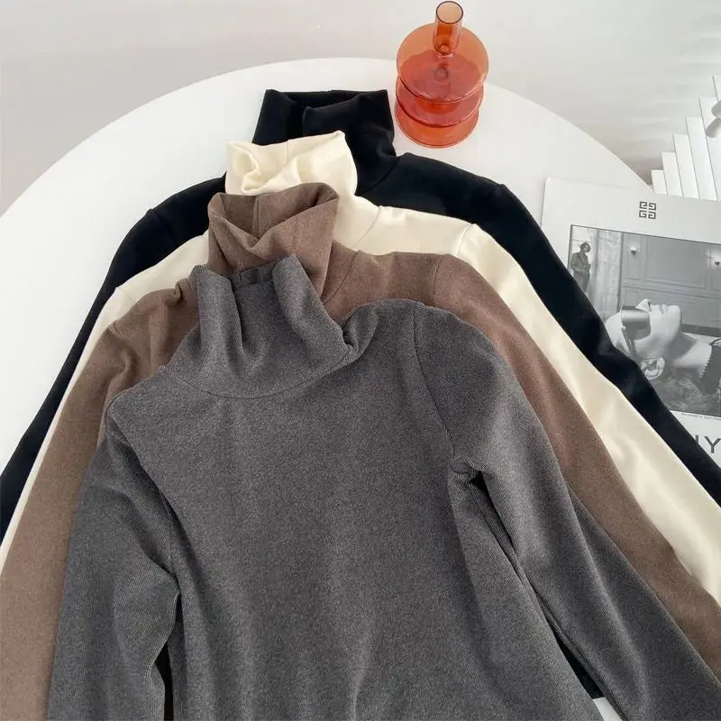 Double-Sided Fleece Long Sleeve Women's Base Shirt Korean Style High Collar Fluffy Lined Inner Wear Black Lazy Style Top