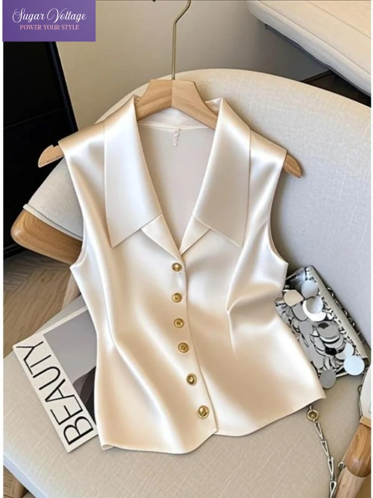 

French Elegant Style 2025 Summer Satin Vest Tops Women Sleeveless V Neck Waistcoat Chic Slim Fit Camisole High End Office Outfit