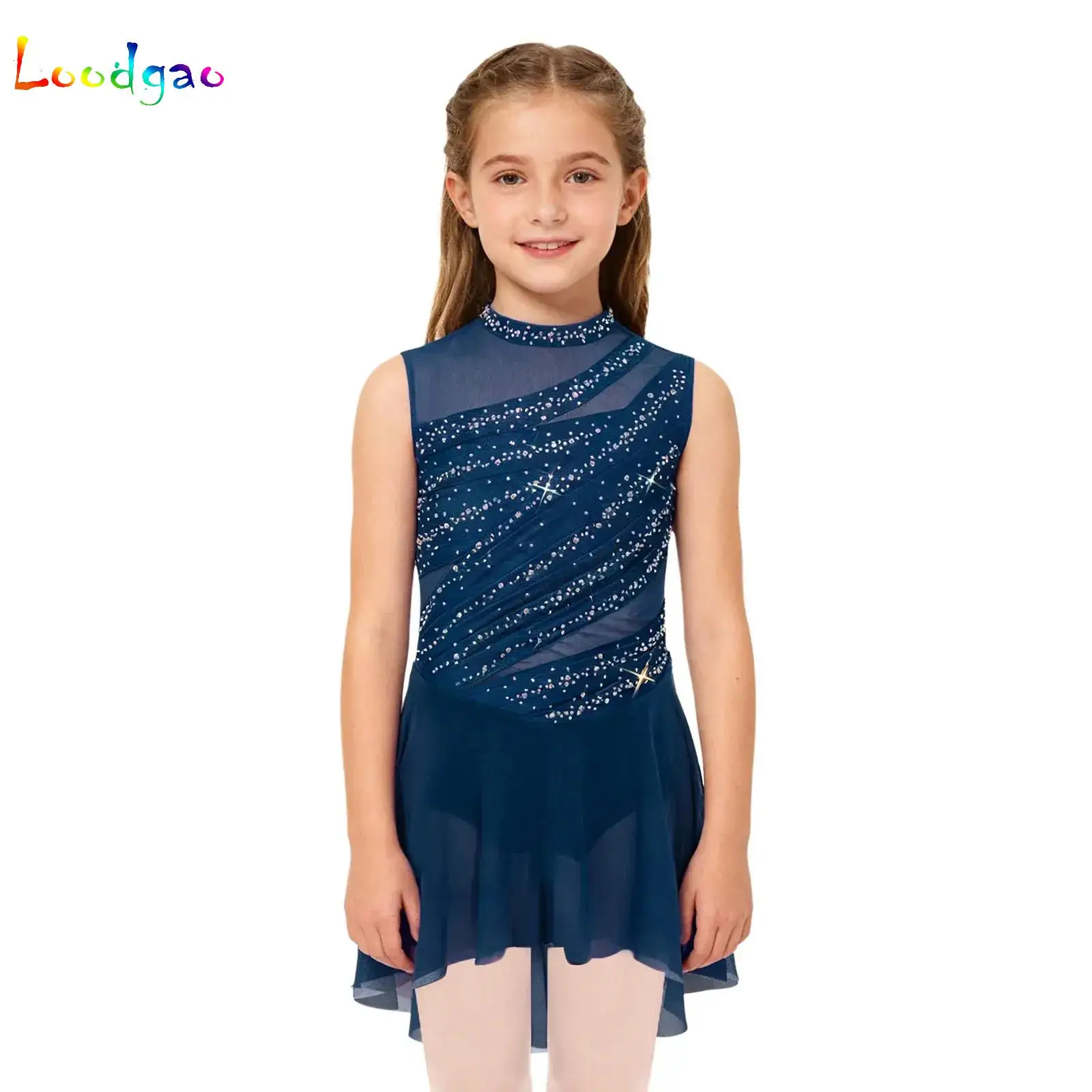 

Платье для современного танца для девочек, прозрачное сетчатое платье без рукавов со стразами, балетное лирическое трико, костюм для соревнований
