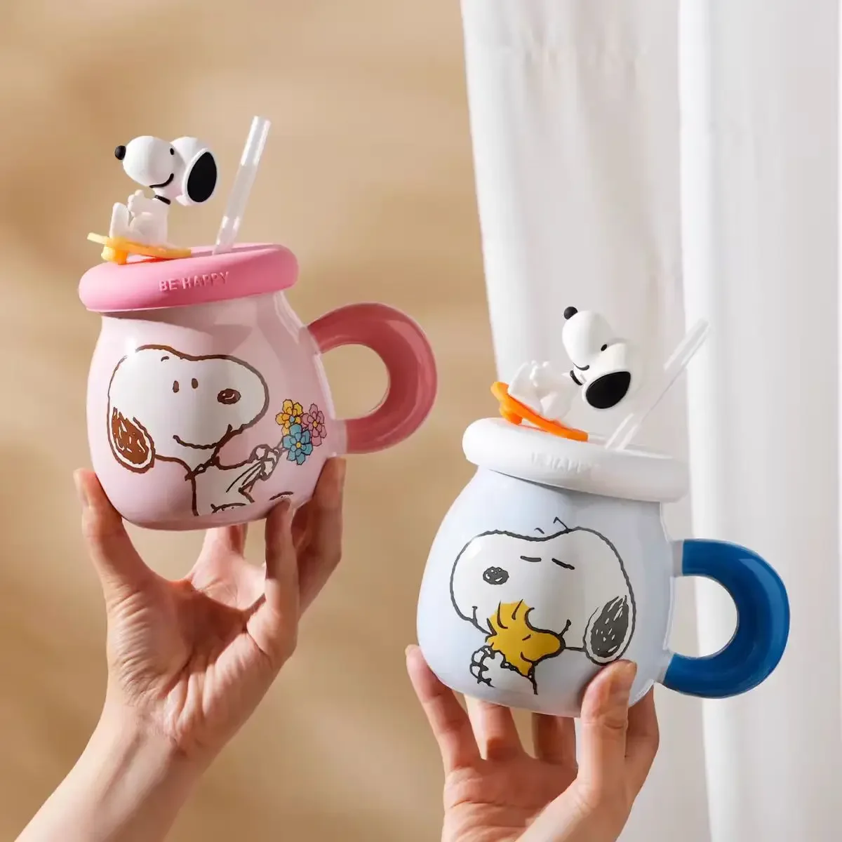 500ML Snoopy Cartoon Ceramic Mug with Lid Large Capacity Kawaii Anime Children's Straw Cup Office Coffee Cup Home Milk Cup Gift