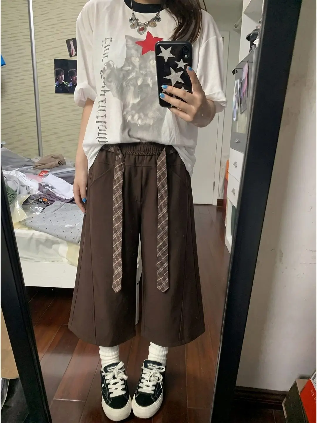 American Style High Waist Draped Belted Side Cut Straight Leg Seven-Foot Pants Unisex Vintage Loose Casual Wide Leg Over-Knee...